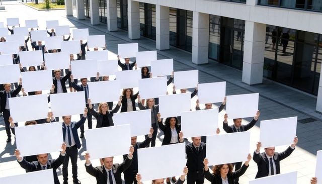 Business professionals holding blank protest signs on corporate plaza in sunlight