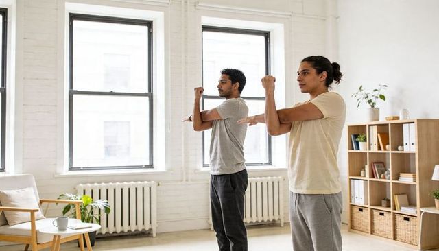 Couple stretching together in sunlit minimalist living room for home fitness and wellness