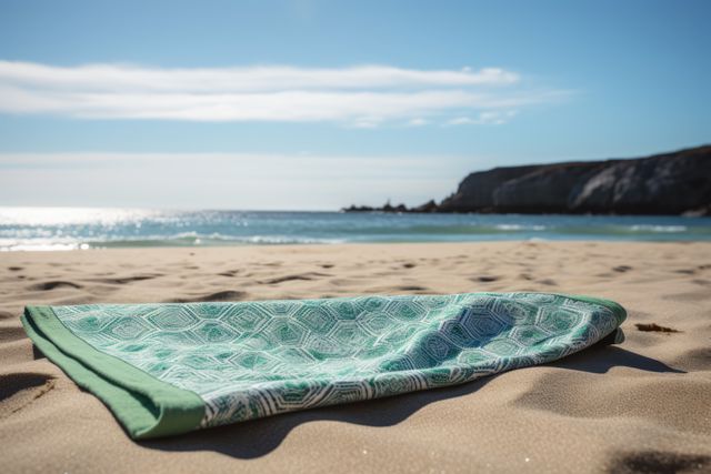 Green towel with pattern on beach with sea and blue sky, created using generative ai technology. Seaside landscape, vacation, leisure, summer and nature concept digitally generated image.