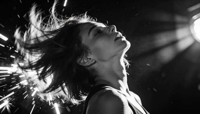 Female model tilting head back, hair flying, sparks and dramatic rim lighting