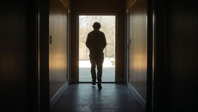 Man walking through backlit hallway into sunlit patio, wood-paneled corridor silhouette