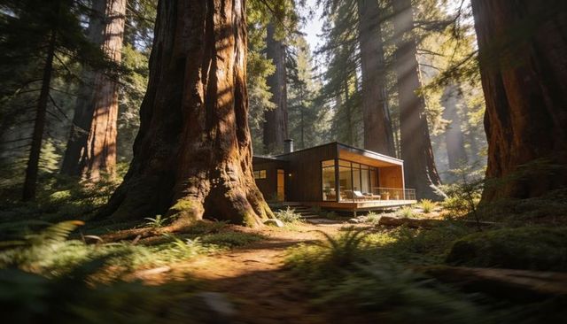 Modern wooden cabin nestling among towering redwoods with sunlit glass deck