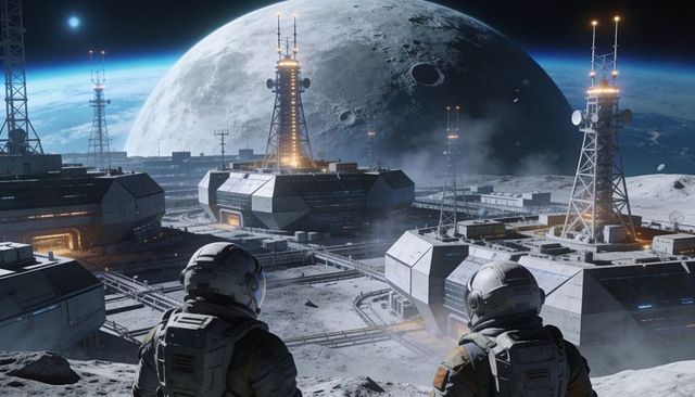 Two Astronauts Surveying Futuristic Lunar Base with Modular Habitats and Beacon Towers