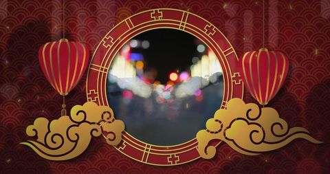 Traditional lanterns and gold clouds on vibrant night skyline