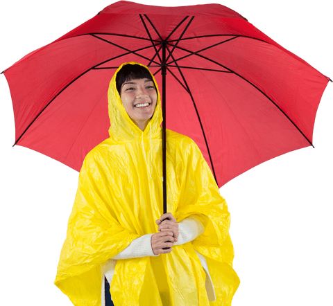 smiling woman holding transparent umbrella in yellow raincoat - Download Free Stock Videos Pikwizard.com