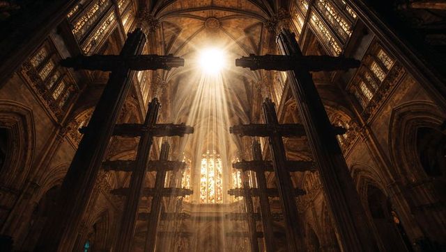 Golden sunbeams streaming through gothic cathedral nave lighting stained-glass and ribbed vaults
