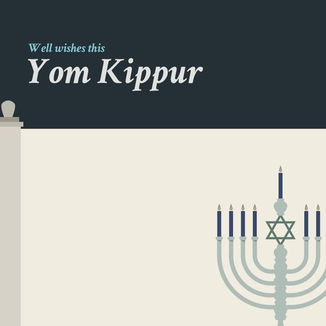 Illustration of well wishes this yom kippur text with candles on menorah and star of david. Copy space, vector, judaism, forgiveness, fasting, tradition and religious celebration concept.