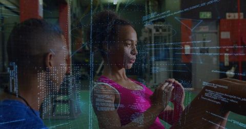 Female athlete training core, coach watching, augmented fitness data and code overlay