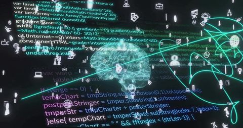 Wireframe brain mesh pulsing with neon data streams overlaid with javascript code, futuristic ui