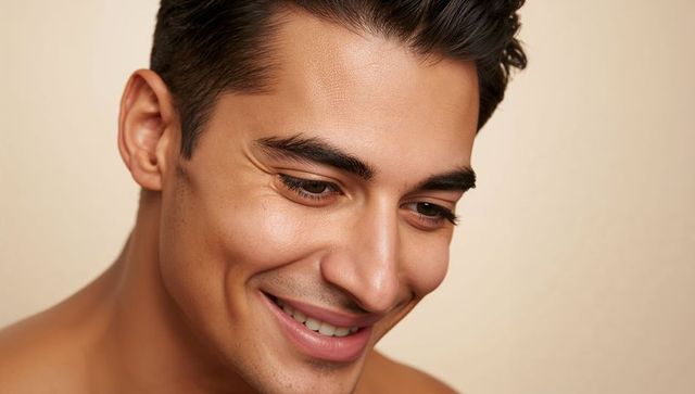 Smiling young man close-up showcasing clear skin, groomed hair, dimples and natural smile