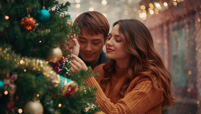 Couple Experiencing Joy of Decorating Christmas Tree Intimately