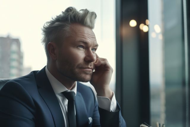 A businessman in a suit sitting by a large window, appearing thoughtful and pensive. This image can be used for conceptual themes related to business decisions, career contemplation, leadership, executive planning, strategic thinking, and professional lifestyle. Suitable for corporate websites, business articles, and promotional materials highlighting executive roles and business environments.