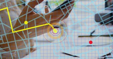 Touching hand selecting digital waypoint on holographic map with grid overlay and route