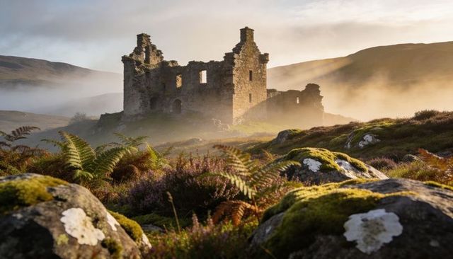 Ruined stone castle sitting on misty knoll at sunrise with mossy rocks and ferns