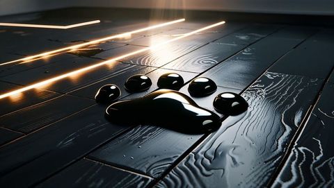 Liquid paw print on dark wooden floor with glowing light beams