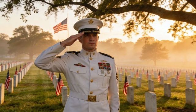 Officer saluting at sunrise in flag-lined military cemetery for memorial day tribute