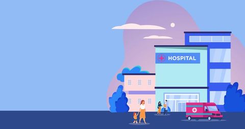 Modern hospital exterior with busy people