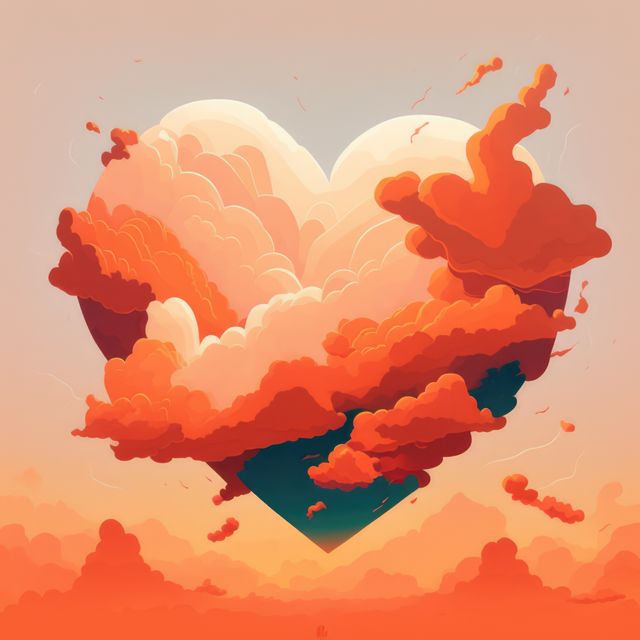 Heart shaped clouds in orange sky, created using generative ai technology. Heart, cloud, nature and love concept digitally generated image.