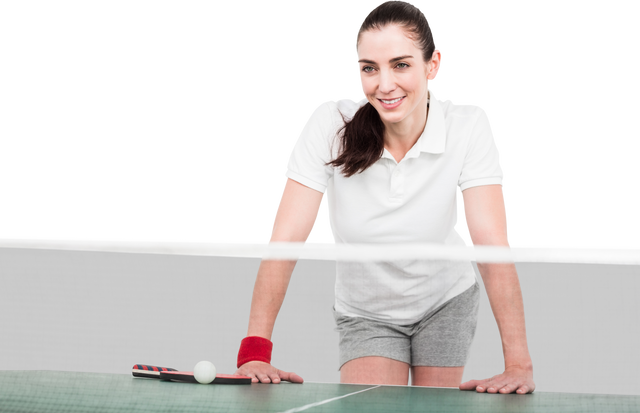 Smiling Female Athlete Leaning on Table Tennis Net in Transparent PNG - Download Free Stock Videos Pikwizard.com