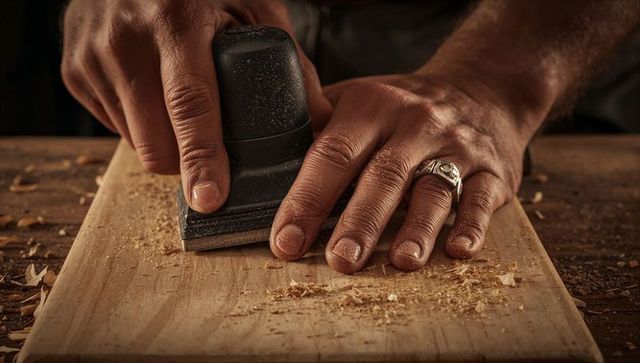 Close-up hands sanding wooden plank with palm sander creating sawdust on workbench detail
