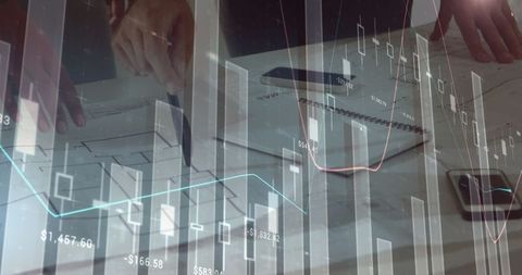 Architects analyzing data with futuristic charts overlay
