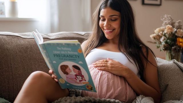 Expectant woman reading pregnancy guide on couch, cozy maternity relaxation and bonding