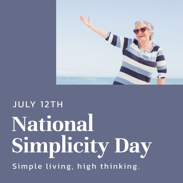 National simplicity day text on blue with happy senior cacuasian woman on sunny beach. Simple pleasures and lifestyle celebration, simple living, high thinking concept digitally generated image.
