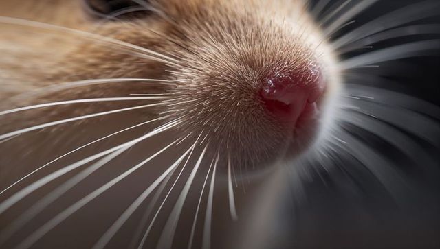 Macro close-up showing cat muzzle with pink nose, white whiskers and soft fur texture