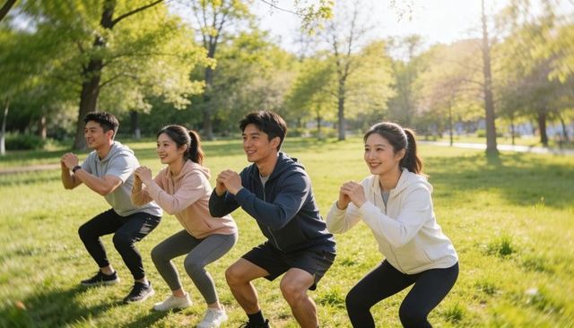 Friends exercising outdoors doing squats on sunlit park lawn, group fitness training session