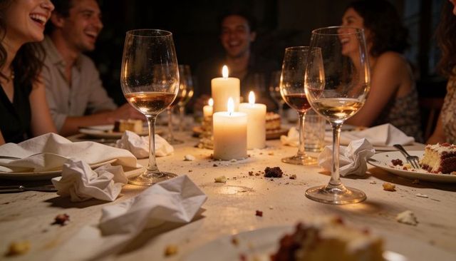 Friends laughing and celebrating around candlelit dinner table with wine glasses