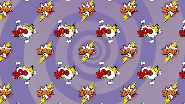 This vibrant digital illustration uses comic book style text graphics such as 'BOOM' and 'ZAP' on a purple spiral background with thunder icons. Useful for designs needing a dynamic, high-energy look. Ideal for posters, book covers, or social media graphics in contexts like entertainment, comics, and illustrations.