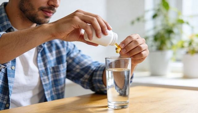 Man placing capsule into glass of water on sunlit kitchen table closeup, pill bottle near