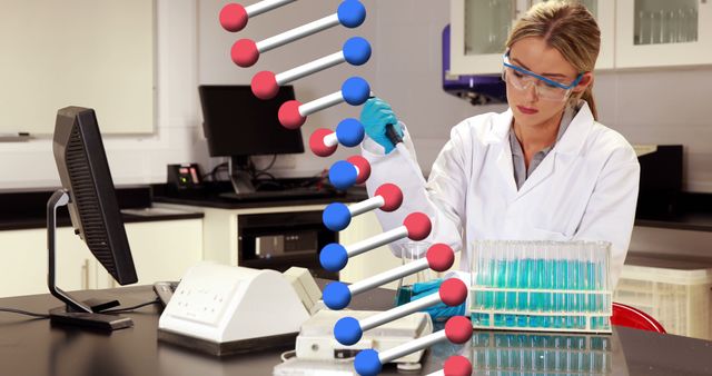 Image of dna strand spinning over caucasian female scientist. Global research, science and data processing concept digitally generated image.