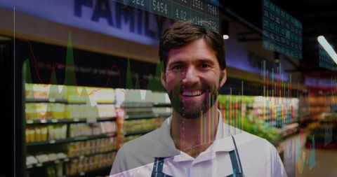 Smiling Grocery Clerk with Superimposed Stock Charts in Store Aisle