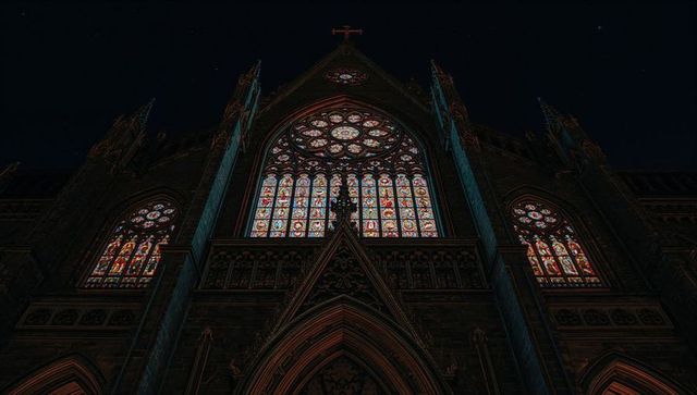 Majestic gothic cathedral facade illuminated at night