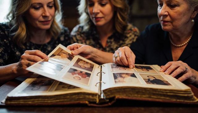 Three generations turning through vintage family album sharing warm memories