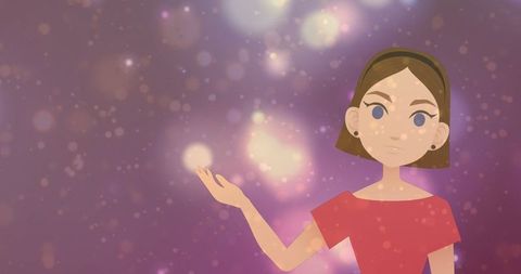 Cartoon Woman Against Sparkling Violet Background