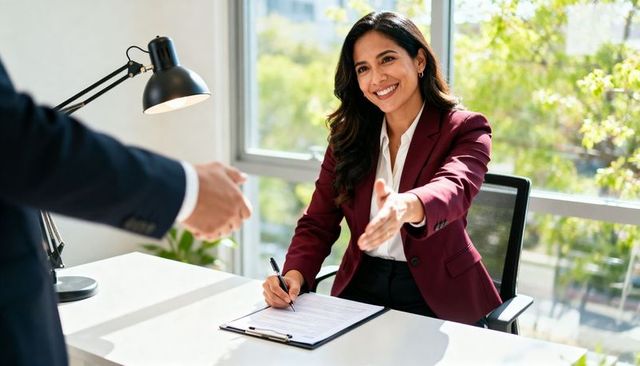 Smiling businesswoman extending hand for handshake during office meeting with documents