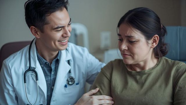 Doctor comforting worried patient during clinic consultation showing empathy and reassurance