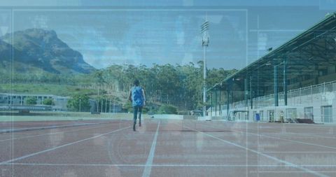 Teen athlete walking on track with futuristic overlay