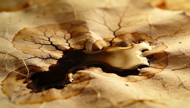 Spreading coffee stain on fibrous paper forming cracked rings and glossy puddle macro