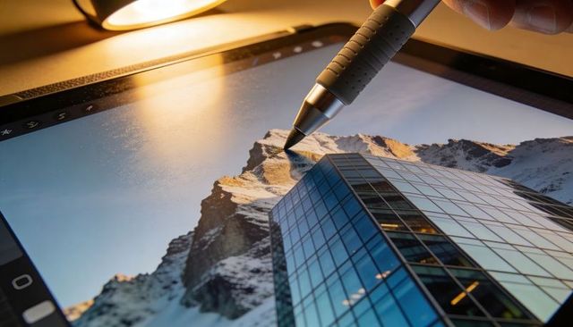 Editing mountain landscape on tablet with stylus, glass building reflection and lamp glow