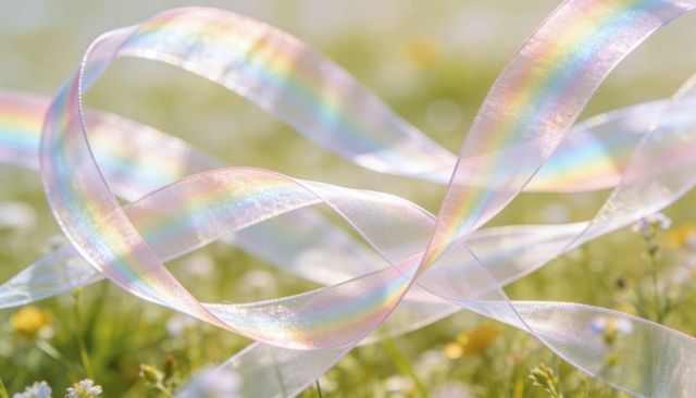 Iridescent ribbons flowing over sunlit meadow, pastel rainbow glow, sheer organza swirls