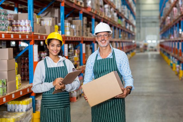 Portrait of warehouse workers standing with clipboard and cardboard boxes in warehouse