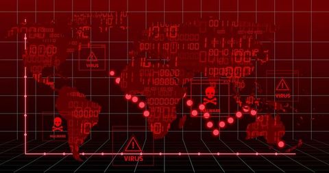 Global cyber threat with malware and virus warnings on map