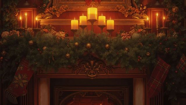 Festive Evergreen Mantel Golden Glow Dimension