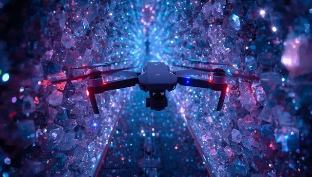 Hovering compact quadcopter with camera gimbal and glowing leds in futuristic crystal tunnel