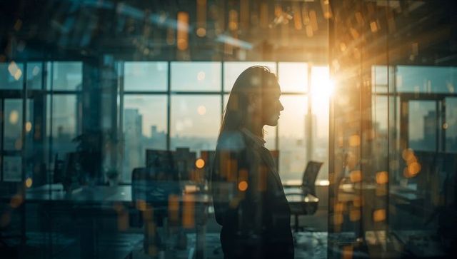 Backlit businesswoman silhouette standing in urban office at sunrise with reflections
