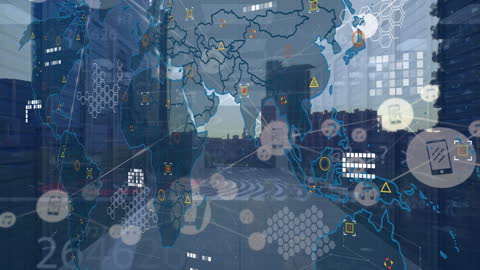 Global Network Interface Superimposed on Urban Skyline