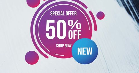 50% off sale banner over white brush stroke background